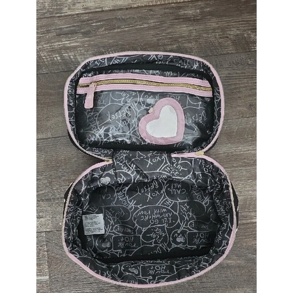 Betsey Johnson Black and White Striped Cosmetic Case with Pink Trim